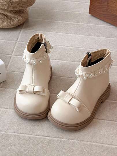1 Par de Botas de Estilo Princesa Fofo para Meninas com Decoração de Laço de Pérola, Couro Sintético Confortável, Zíper Lateral, Salto Baixo, Ideal para Fim de Semana, Outono e Inverno