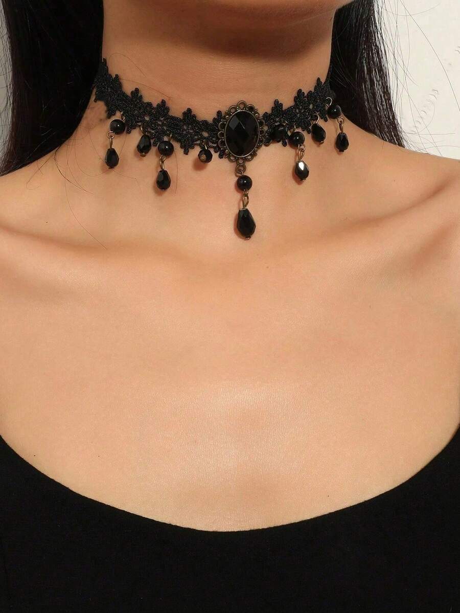 1pc Gothic Style Beaded Pendant Necklace, Lace Choker Necklace For Women - Multicolor - View 1
