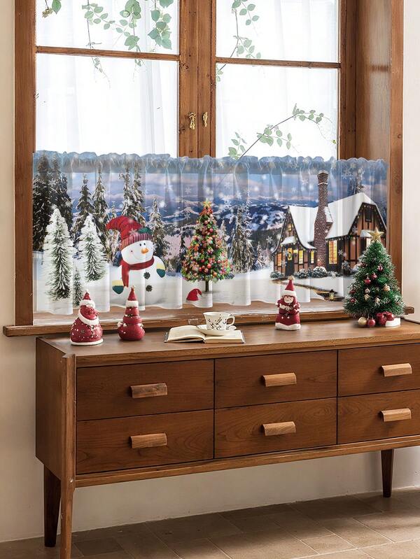 Weihnachts-Küchen-Vorhang - 1 Stück modernes gebürstetes Stofffensterbehandlung mit festlichem Tannenbaum- und Ornamentdruck, Leinwandbindung lichtdurchlässiges Panel, Gardinenband, für Schlafzimmer Küche Büro - 100% Polyester (120g Stoffgewicht)