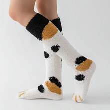 6 Pairs Winter Socks Warm Floor Socks For Cold Weather - Women's Knee-Length Socks Warm Socks - Winter Thermal Socks - Cat Paw Pattern - Fuzzy Soft Comfortable Coral Fleece - Striped Cute Design, Polyester Knit Fabric - Fall & Winter Essentials | Machine Washable | No Lining Design