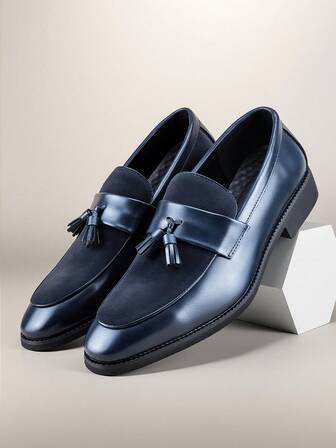 Prussian Blue Retro Simple Men's Loafers With Tassels, Plain Suede Slip-On Casual Designer Shoes, Soft Leather Shoes. Elegant Gentlemen's Business, Social, Office, Party, Wedding Dress Shoes For Men. Suitable For Suits, Couple's Date, Romantic Dinner, Festive Gift, Back To School, Casual Preppy Style. Please Order One Size Up.