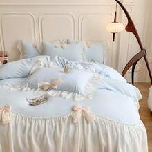 Aesthetic Girls Twin Comforter Cover Set, Romantic French Princess Style Ruffled Duvet Cover With Lovely Bow And Zipper Closure - Pink, Twin Size - 藍色 - 查看 10