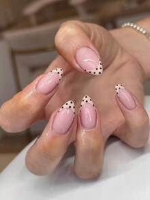 10片手工制作杏仁形裸色、米色、焦糖棕色波点极简时尚假指甲美甲用品手工按压式指甲 - 彩色 - 查看 11