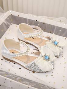 1 Pair Fashion Princess Shoes For Little Girls, Soft Bottom Sandals With Faux Diamonds & Bow, Rhinestone Baby Shoes, Glitter Ballet Flats - Silver - View 4
