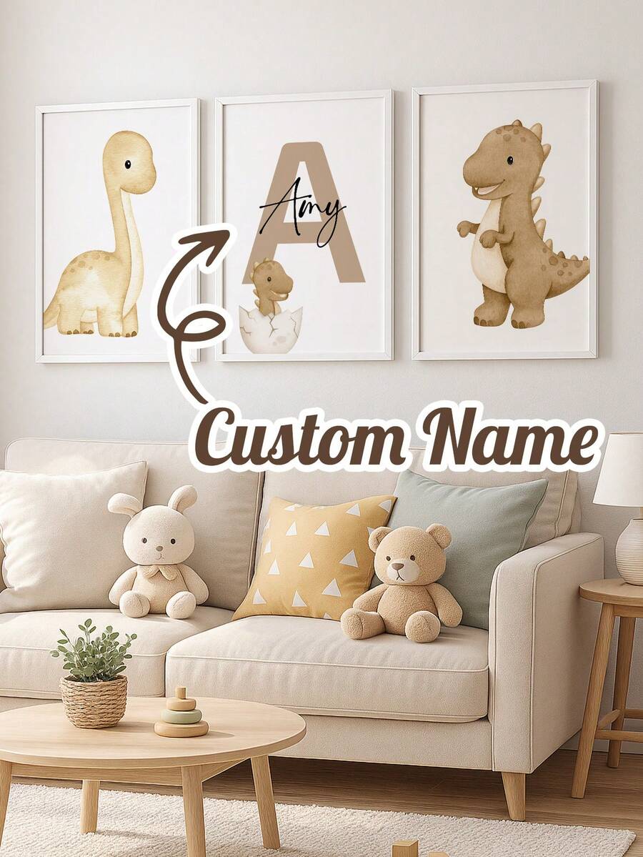 3pcs Customized Name Boho Dinosaur Theme Wall Art Set For Nursery, Personalized Name Print, Neutral Earth Tone Dinosaur Decor, Suitable For Nursery, Kids Room And Playroom, Cozy Minimalist Wall Decals, Perfect Gift For Birthday, Christmas, Thanksgiving Or Newborn - Multicolor - View 1