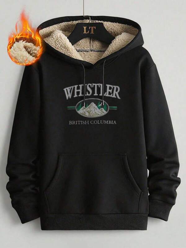 (Größe nach oben empfohlen) Herren einfarbiger Pullover mit Herbst- und Winterplüsch-Warmkapuze, schwarz bedruckte Kapuze mit Thermolangarm, Thermo-Herren, Winterkleidung, geeignet für Herbst- und Winterausflüge und Innenaktivitäten, als Geschenk für Freunde, Ehemann, Freund