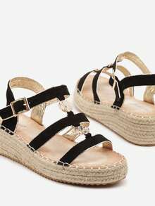 Boho Strappy Wedge Sandals - Women's Summer Casual Beach Shoes - Black - View 6