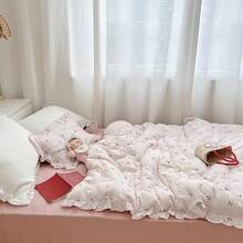 Muslin Duvet Cover With Ruffled Edges, 1 Piece Cotton Comforter Cover 47X59'', Pattern 2-Layer Gauze Bedding, No Quilt Or Pillowcases, Bedroom Essential - 櫻桃 - 查看 11