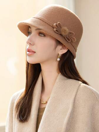 1 pieza Sombrero de cubo para mujer, sombrero de cubo de fieltro de lana retro elegante de estilo francés, gorra clásica y versátil con lazo y cálida