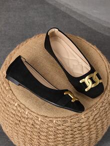 WHDXY 1 双女士方头一脚蹬平底鞋，新款夏季金属扣平底鞋，休闲乐福鞋，时尚优雅，适合派对和日常穿着 - 黑色 - 查看 2