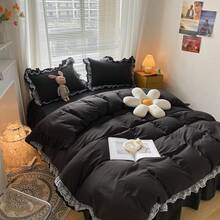 Chic Ruffle Lace Polyester Duvet Cover Set - Girl White Bedding - 2 Piece Twin Comforter Duvet Cover With Zipper Closure - Ultra Soft And Lightweight (White, Twin) - NO Comforter Included - Hitam - View 2