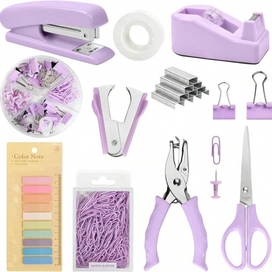 Office Supply Set 10 Set Desk Accessories Include Stapler And Tape Dispenser Lndex Tabs Staple Remover Hole Punch Scissor And Clips Accessories Office Supply For Students Purple - Purple - View 1