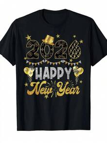 Feliz Año Nuevo 2026 Camiseta Gráfica Unisex Lmn a Juego para la Familia, Negra, Pequeña, Manga Corta, Camiseta Casual de Cuello Redondo de 220gsm, Ideal para Navidad - Negro - Ver 1