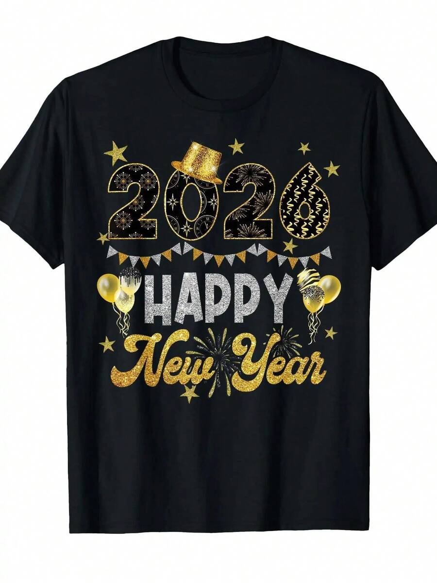 Feliz Año Nuevo 2026 Camiseta Gráfica Unisex Lmn a Juego para la Familia, Negra, Pequeña, Manga Corta, Camiseta Casual de Cuello Redondo de 220gsm, Ideal para Navidad - Negro - Ver 1