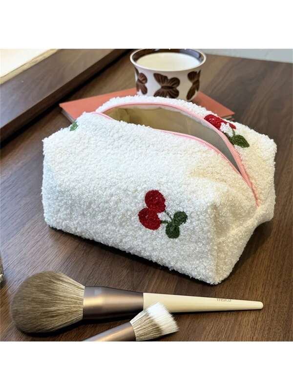 Borsetta cosmetica carina con ciliegia e chiusura con cerniera - grande organizer per il trucco, custodia per la bellezza soffice come un cuscino, adatta per i viaggi