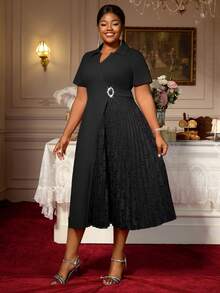 Black Turn Down Collar A Line Dresses Lace Patchwork Short Sleeves Work Business Party Fashion Curve Women - màu đen - Xem 2