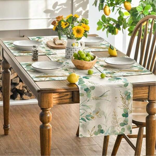 1 pieza, Bandera de mesa con hoja de eucalipto creativa, decoración de estilo de granja en verde y beige para mesa de comedor, adecuada para restaurante, mesa de café, boda, fiesta, accesorios de mesa de comedor de inspiración natural, fácil de limpiar