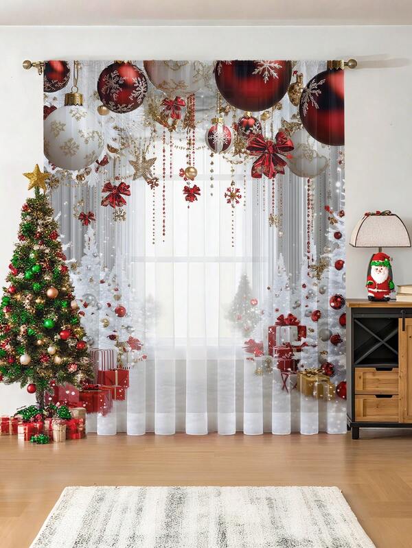 1 Stück Weihnachtskugel & Elementmuster hochwertige dekorative Gardinenstange zum Aufhängen, ganzjährig verwendbar, für Außen, Pavillon, Schlafzimmer, Küche, Büro, Arbeitszimmer, Wohnzimmer - halbtransparenter Vorhang (100g Stoffgewicht)