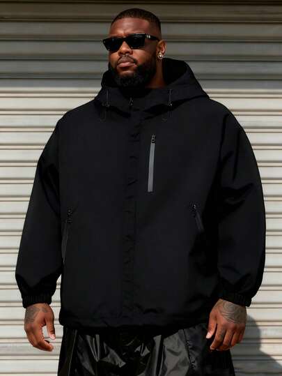 Plus Size Men's Zip-Up Hooded Jacket, Suitable For Spring And Autumn
