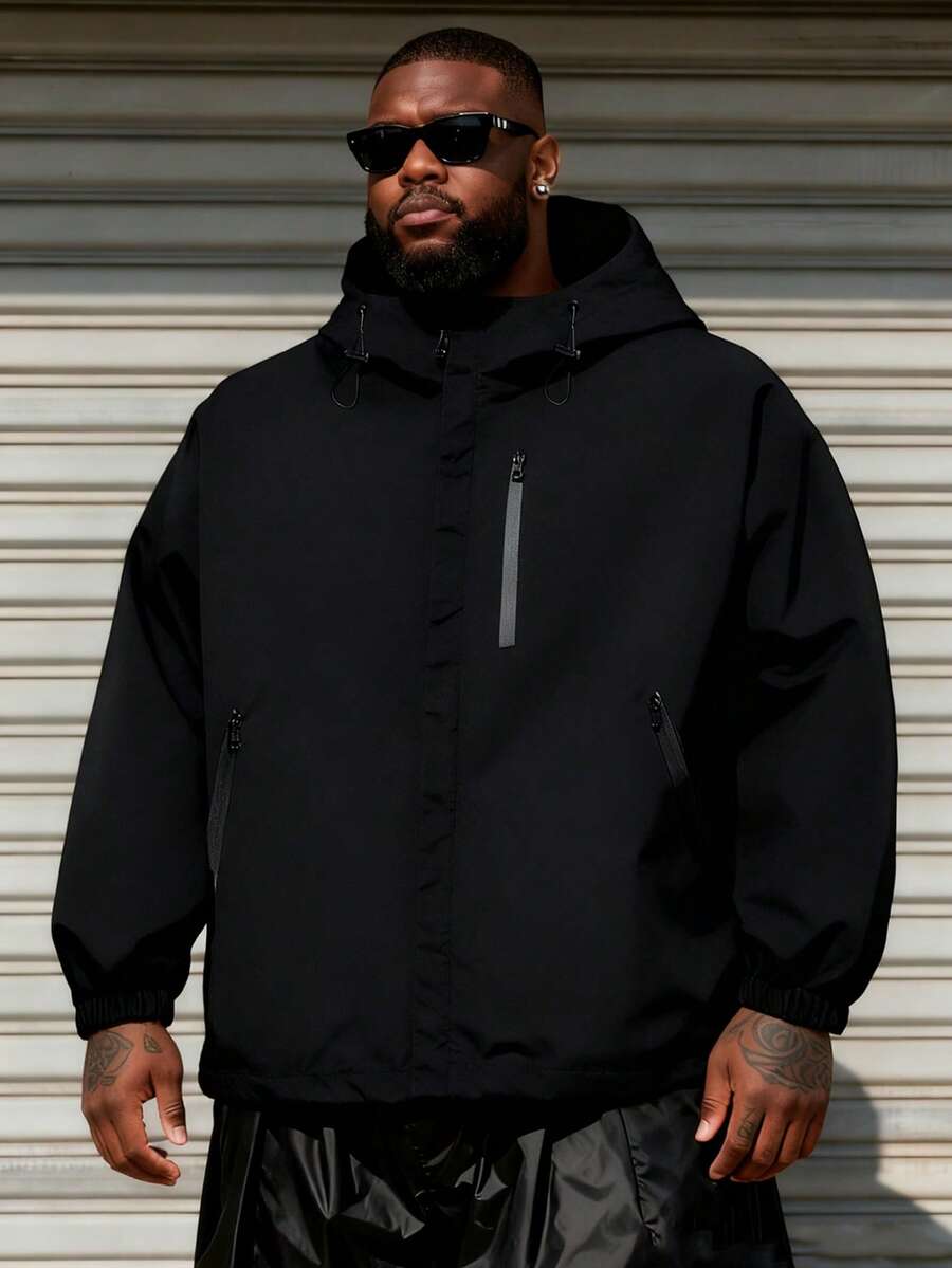 Plus Size Men's Zip-Up Hooded Jacket, Suitable For Spring And Autumn - Black - View 1