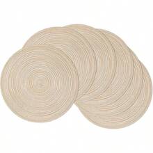 Set Of 6 38cm Round Braided Woven Placemats, Washable And Heat Resistant Table Mats For Kitchen, Dining, Home, And Restaurant, Beige Place Touchy Hand Coaster Tableware - 乳白色 - 查看 2