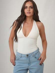 Women's Bodysuit, Plunging Neckline, Polyamide, Halter Neck, Multi-Shape – Elegant Blogger Fashion - trắng - Xem 1