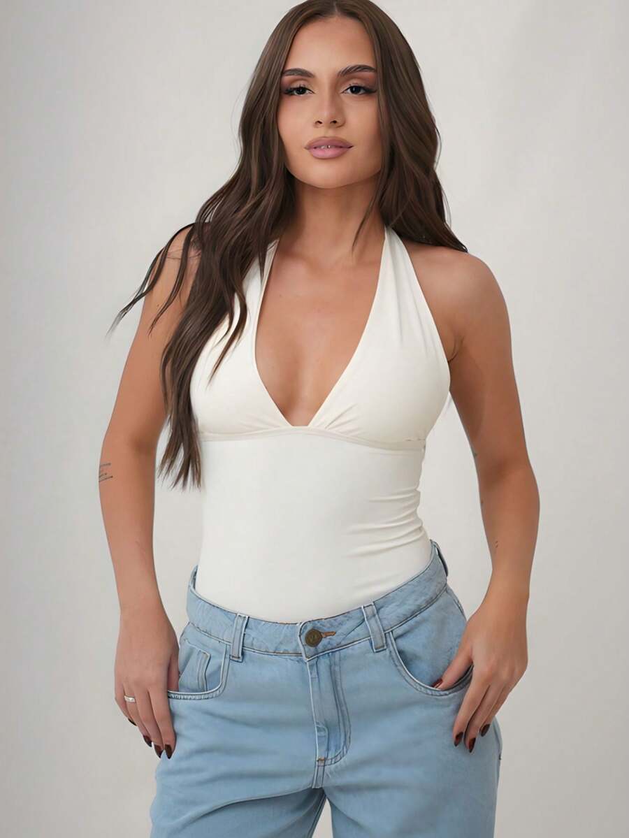 Women's Bodysuit, Plunging Neckline, Polyamide, Halter Neck, Multi-Shape – Elegant Blogger Fashion - trắng - Xem 1