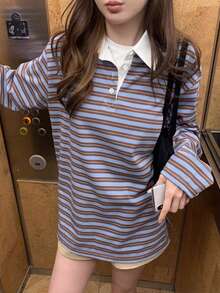 Korean Chic Collared Versatile Niche Striped Casual Long Sleeve T-Shirt T-Shirt Spring - Blue - View 3
