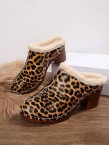 Leopard Print High Heel Pumps For Women, Autumn/Winter Comfortable Fluffy Slip-On Mule Slippers, Suitable For Autumn/Winter Everyday And Indoor Wear