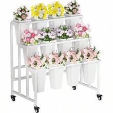 Flower Display Stand With 12 Buckets, 3 Layers Flower Bar, White Metal Plant Stand With Wheels, Heavy Duty Flower Cart Indoor Outdoor Patio Garden Wedding Florist, White Metal Frame - 白色+3層 - 查看 8