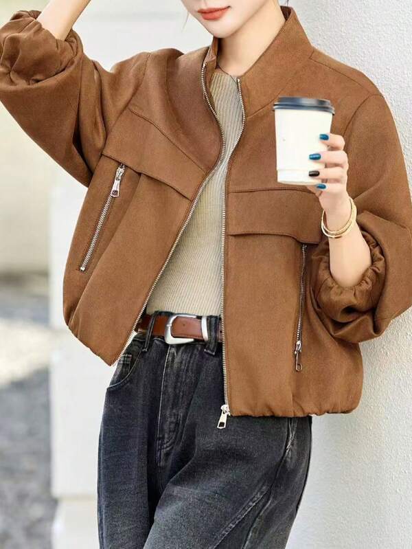 Women's Fashionable Long Sleeve Stand Collar Zipper Pocket Suede Fleece Short Jacket, Autumn/Winter