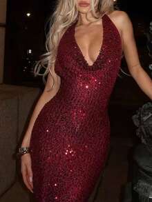 StyleQye 女士优雅简约精致法式时尚闪亮派对露背拉链连衣裙、正式晚礼服、约会之夜 - 中紫紅色 - 查看 4