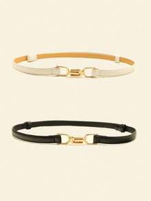 2pcs Black & White Retro Stitching PU Leather Cinched Waist Belt Summer, School Fall, Autumn, Halloween - Black and White - View 5