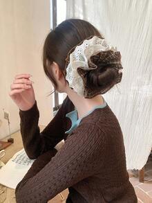 1pc Elegant Lace Multilayer Hollow Floral Hair Scrunchie, Unique Design, Versatile For Daily Use ,Hair Ties ,Scrunchy Hair Ties Ponytail Head Accessories Elastic Band - Brown - View 5