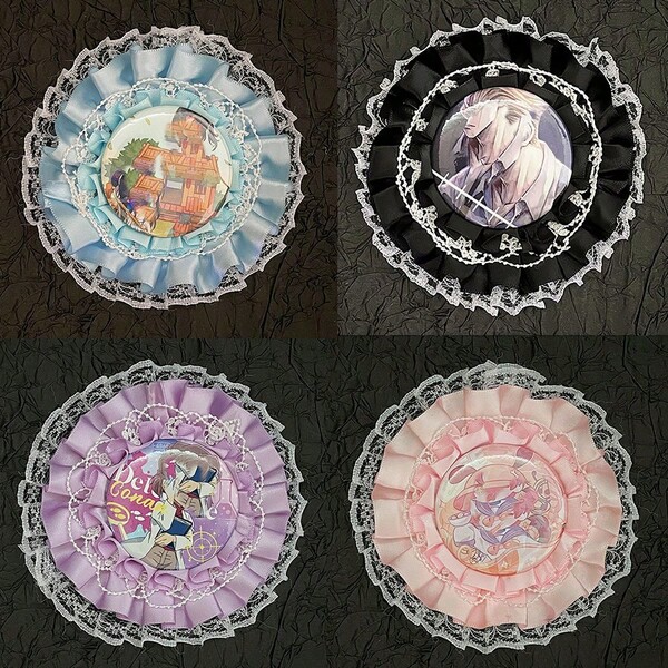1 peça de broche de renda com fita trançada, 6 cores disponíveis, produto final feito à mão, suporte para broche periférico de personagem de anime de desenho animado 2D, ímã de suporte para fãs de celebridades ACG, decoração de fantasia cosplay para otaku