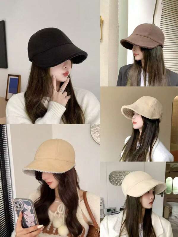 Classic Solid Color Faux Fur Lined Bucket Hat, Reversible Casual Beanie For Women, Outdoor, Streetwear, Party, Autumn/Winter