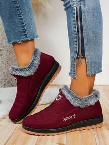 奢华套脚雪地靴，女士酒红色人造毛皮内衬靴，舒适鞋领，饰有“运动”刺绣，厚底女士冬季靴，圣诞礼物，女士踝靴 - 酒紅色 - 查看 4