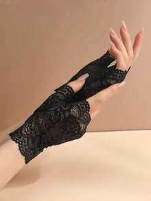 1 Pair Women's Fingerless Lace Gloves, Short Sailor Style, Suitable For Driving, Sun Protection, Scar Coverage - màu đen - Xem 4