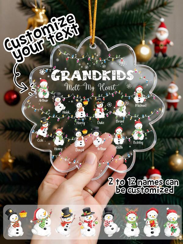 Personalized Grandkids Christmas Ornament Custom Name Snowman Family Acrylic Decoration With 2 To 12 Names Customizable Text For Grandma Grandpa Tree Decor 2025 Holiday Keepsake Gift For Family Grandparents Personalized Xmas Ornament For Kids And Grandchildren,Personalized Grandkids Ornament,Custom Family Ornament