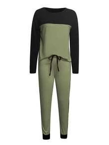 2pcs Casual Patchwork Contrast Color Long Sleeve Round Neck T-Shirt And Pants Set - Green - View 3