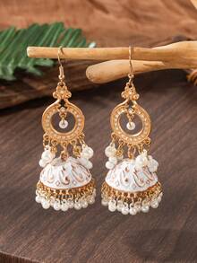 1 Pair Exaggerated Vintage Pearl Bell Drop Earrings For Women, Wedding Accessory