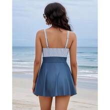 Traje de Bao Mujer, Traje de Completo Mujer con Cuello en V sin Manga, Traje de Bao con Falda para Playa Piscina Surf Nadar, Baador de Una Pieza con Sujetador, Bandolera Ajustable - Azul + XL - Ver 3