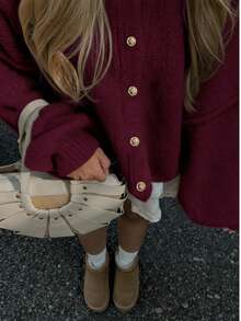 Senya Fall And Winter New Women's Round Neck Lantern Sleeve Front Button Black Knitted Cardigan, Loose Casual, Lazy, Daily Commuting, Afternoon Tea, Back To School, Graduation, Sweater Tops, Valentine's Day Women's Winter Sweaters, New Year