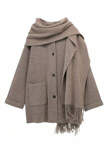 TRAFZA Damen Lässig Pullover Cardigan Schal 2-teiliges Set einfarbig Tasche Oberteil warmer gestrickter Mantel