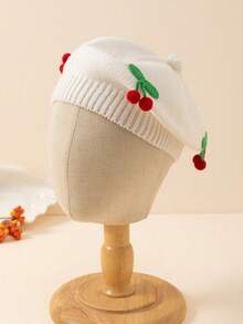 1 pieza Gorro de boina tejido con diseño de cereza lindo para niños, adecuado para usar en otoño/invierno para mantener el calor y para uso diario - A - Ver 18