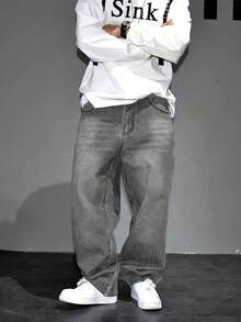 Men's Retro Loose Fit Jeans, Versatile Casual Wear For All Seasons - Grey - View 4