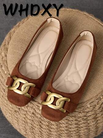 WHDXY 1 Pair Women's Square Toe Slip-On Flats, New Summer Flat Shoes With Metal Buckle, Casual Loafers, Fashionable & Elegant For Party And Daily Wear