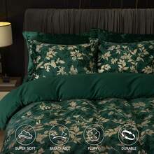 Queen Size 3pcs Ultra Soft Breathable Comforter Cover Set, Luxury Cozy Flannel Duvet Cover With Pillow Shams, 90" X 90", Dark Grey,  And  Bedding Collection - 綠色和金色(無被子) - 查看 3