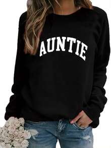 2026 New Year Outfit Women Plus Size 'AUNTIE' Letter Print Sweatshirt - Soft Machine Washable Polyester Fiber Crew Neck Pullover, Autumn Winter Casual Comfortable Fashion Design, Cute Loose Top, Daily Wear, Comfortable Fabric, Casual Style Loose And Comfortable Winter Clothes For Women - 墨綠色 - 查看 6