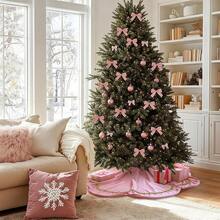 Falda de árbol de Navidad de 48 pulgadas, falda de árbol de festoneado de piel de terciopelo rojo, ribete de encaje dorado, para fiestas, decoración rústica de Navidad durante todo el año - Rosa - Ver 12